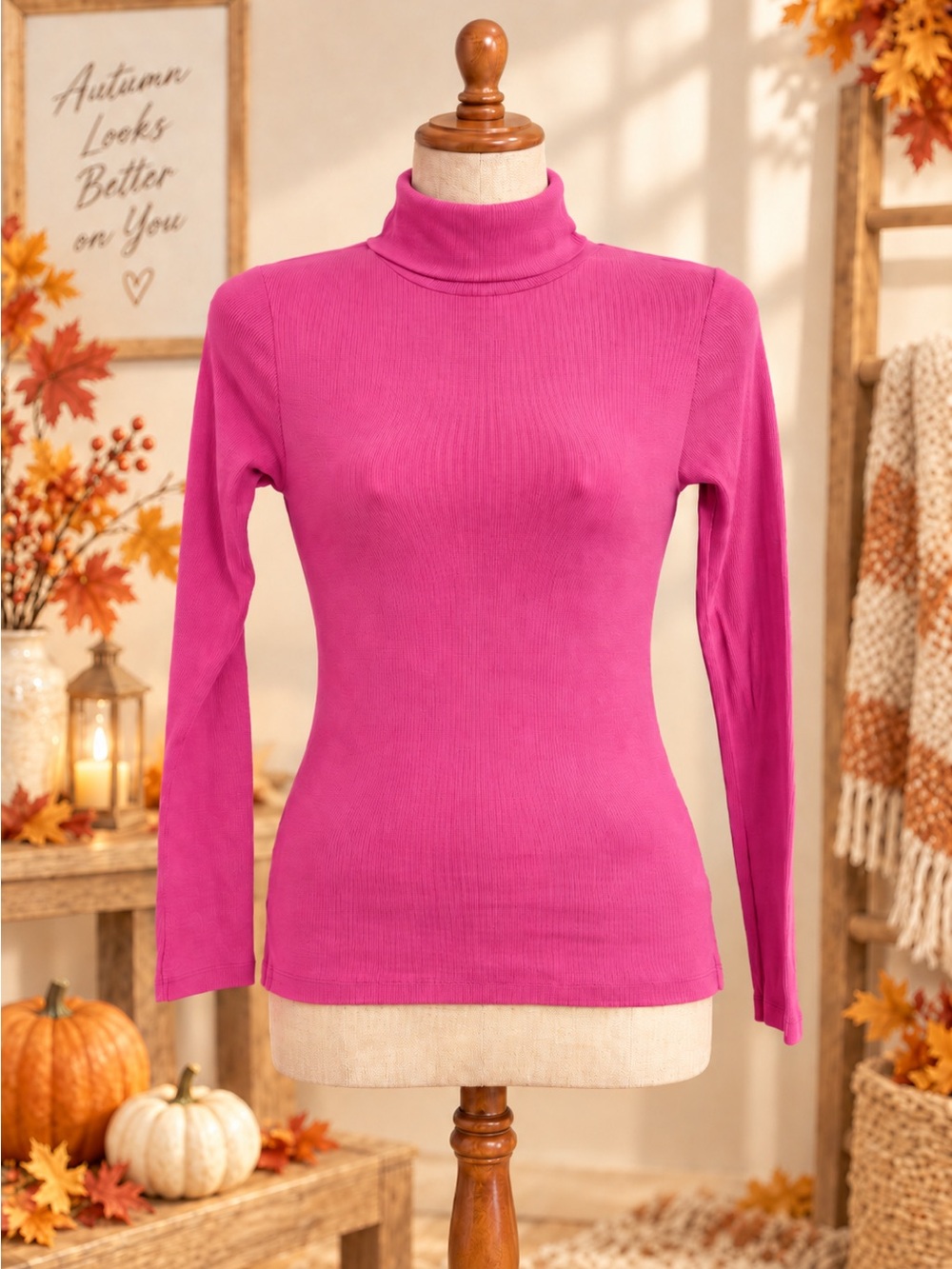 Ambiance Fuchsia Ribbed Turtleneck Long Sleeve Top